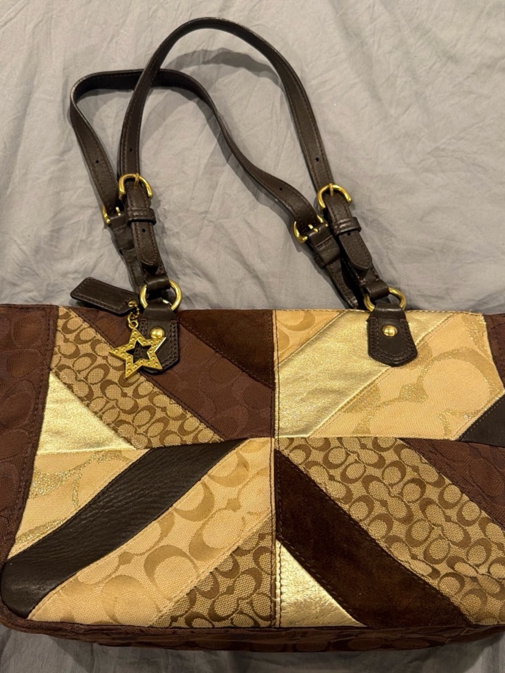 Coach Patchwork Tote Bag in Brown and Gold